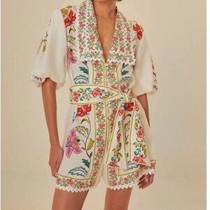 FARM Rio Floral Embroidered Jumpsuit - Cream, Red, Green